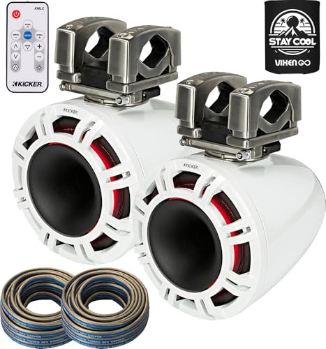 KICKER Wake Tower Speakers Bundle of 4 Items - 11 Horn-Loaded Marine Speakers White (Pair) with LED Lights Remote Controller and Speaker Wire (40FT). Water Resistant, Weather Proof System for Boat