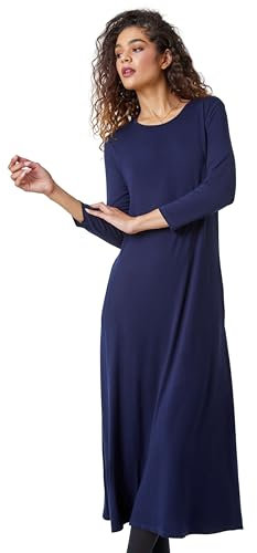 Roman Originals Swing Dress with Pockets for Women UK Ladies Tunic Stretchy Maxi Midi Jersey Winter Autumn 3/4 Sleeve Casual Pull On Smart Slouch Work Office Going Out Party - Navy - Size 18