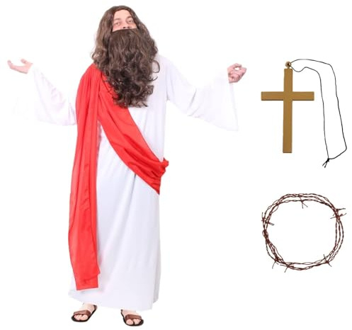 Jesus Christ Costume - Standard - White Robe with Red Sash with Wig and Beard, Gold Cross and Crown of Thorns - Mens Funny Fancy Dress Party Costume