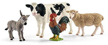 Schleich FARM WORLD - 4 PC Starter Barnyard Animal Set - Includes Cow, Sheep, Rooster and Sheep Figurines - Farm Animal Toys for Kids 3+ | 42385