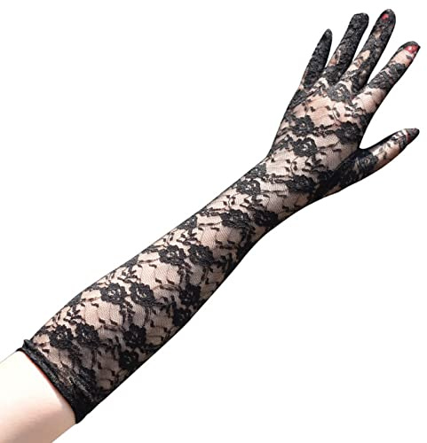 COSFAN spetshandskar för kvinnor, långa blommiga operahandskar, vintage bröllopshandskar, armbågslängd spetshandskar för dans halloween, Svart, One Size