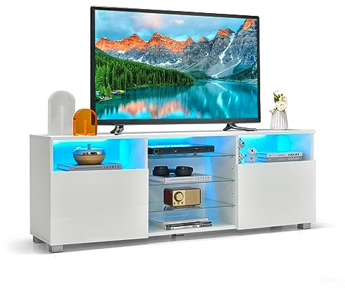 COSTWAY TV Schrank mit LED Beleuchtung, einstellbare Farben, Fernsehtisch mit 2 Türen und verstellbaren Glastablagen, TV-Lowboard für Fernseher bis zu 65 Zoll, Fernsehschrank, 146 x 35 x 53 cm