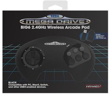 Retro-Bit BIG6 2.4 GHz SEGA Mega Drive Wireless Arcade Controller Pad for SEGA Mega Drive Original/Mini, Switch, PC & Mac - Black