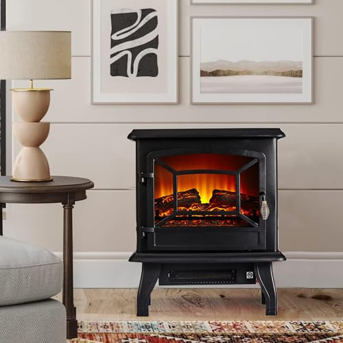 Panana Freestanding Electric Stove with Heater Fire Place Flame Effect,Portable Fireplace Log Wood Burner Effect 1800W-2000W (Black, Style B) MC-ADFE07BK