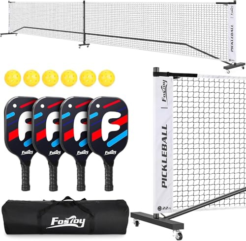 Fostoy Juego de 4 paletas de fibra de vidrio y 6 pelotas de pickleball portátiles