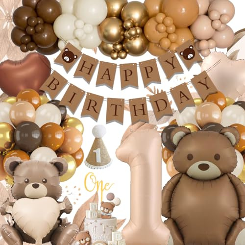 Anniversaire 1 An Décoration, Ballons Marron Bohème, Bannière Happy Birthday, Kit Décoration Fête Thème Ourson, Fond Premier Anniversaire Style Forêt