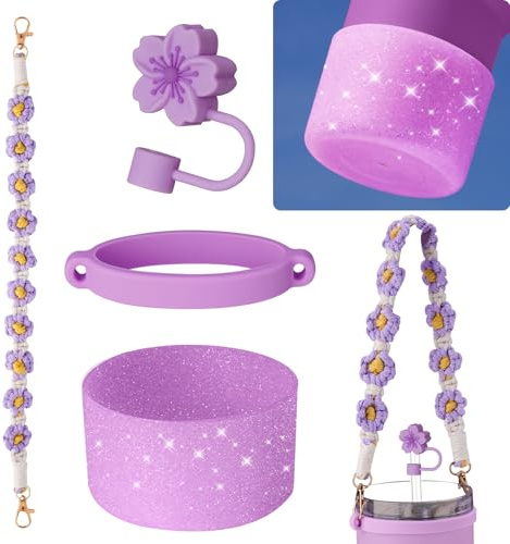 NiHome Zubehör Set für Stanley Cup, inklusive farblich abgestimmtem Griff, Silikonring, Strohhalm Abdeckung und glitzernder Basis,Accessories für Stanley Cup 20oz, 30oz, 40oz Becher (Lila)