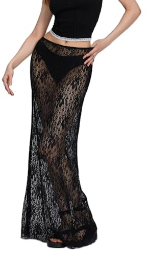 ESSECMBS Jupes Longues en Dentelle Floral Femmes d’Eté Taille Basse Transparent à Volants Irréguilière Sexy (Noir, M)