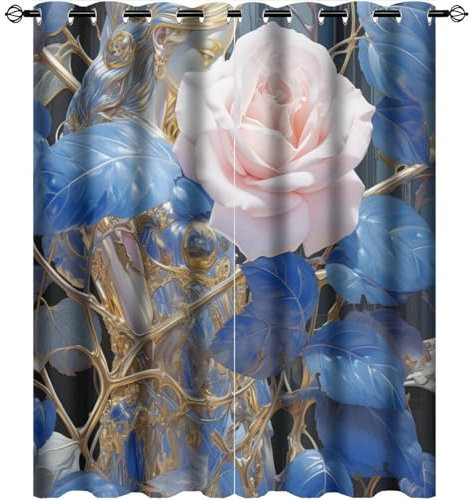 DEBAOKA Fantasy Rose Blackout Curtains for Bedroom Blue Leaves Pink Flowers Thermal Insulated Grommet Window Drapes Room Darkening Curtains for Living Room 2 Panels