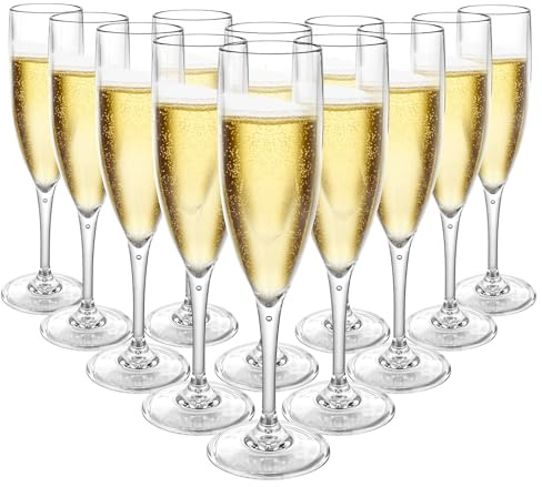 Oungy Set of 12 Plastic Champagne Flutes, 180ml/6oz Unbreakable Champagne Glasses, Reusable Plastic Prosecco Flutes, Elegant Wine Glasses for Garden Wedding, Birthday, Party, Anniversary