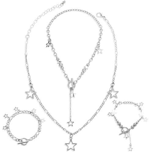 Abeillo Y2K Stern Schmuckset: 2 Silber Stern Ketten mit 2 Armbändern - Grunge & Kawaii Niedliche Ästhetischer Retro Emo Schmuck für Frauen & Mädchen