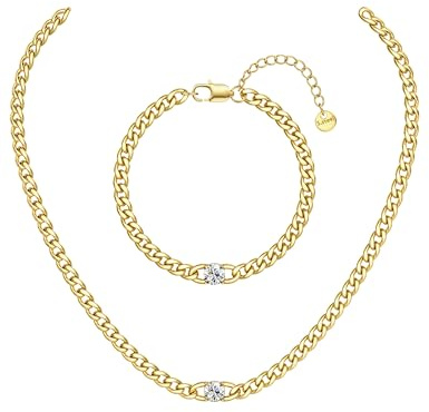 Adramata Collar de Cadena Cubana y Brazalete para Mujer - Cadena de Acero Inoxidable Bañado Oro 14K - Set Joyería con Circonitas - Resistente Agua - 40/45/50CM - Regalo Elegante