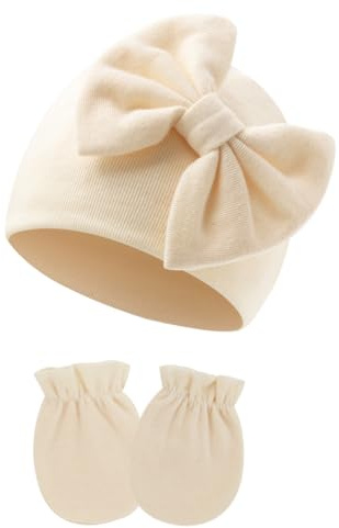 VODAFQS Sombreros y Guantes para Bebé Recién Nacido, Gorro Bebé Beanie y Manoplas Suaves y Cómodas para Niños y Niñas, 0-6 Meses (Albaricoque)