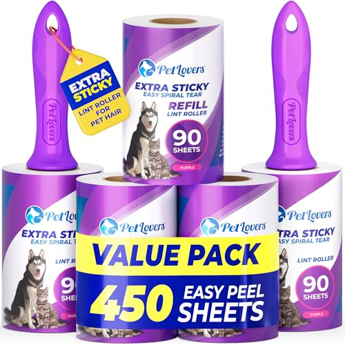 PetLovers Extra Sticky Lint Roller Mega Value Set 450 Sheets for Pet Hair Removal Dog and Cat Lint Remover 5 Pack Purple