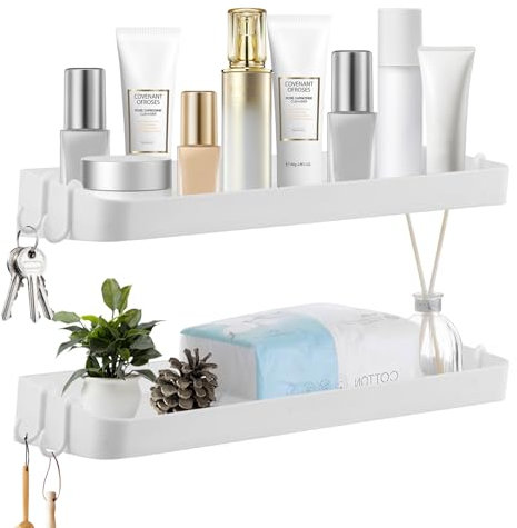 Wisebom Mensola Doccia Senza Foratura 2 Pcs, Autoadesivo Mensole Bagno Organizzatore, Portaoggetti Doccia con 8 Gancio, 40cm Organizer Doccia Mensola da Doccia da Parete per Bagno e Cucina, Bianche