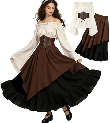 Set di 5 pezzi di abbigliamento medievale da donna, blusa retrò con spalline scoperte, abito da rinascita, abbigliamento vittoriano, maxi vestito con corsetto, borsa a tracolla, cintura, costume di