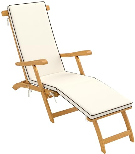Outsunny Chaise Longue Pliante, Bain de Soleil avec Coussin en Bois d'acacia, Repose-Pieds, transat Jardin extérieur Charge 160 kg de Relax Camping Plage terrasse Piscine, 155 x 54 x 86 cm, Blanc