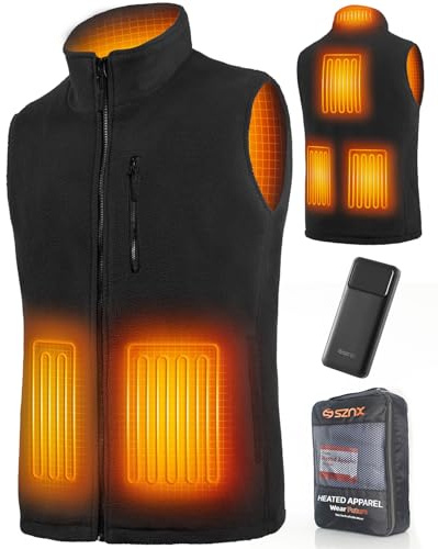 Gilet Chauffant Homme avec Batterie Incluse, Veste Chauffante Sans Manche, Doudoune et Blouson Chauffant Électrique en Polaire, 6 Zones de Chaleur pour l'Hiver, Noir, XL