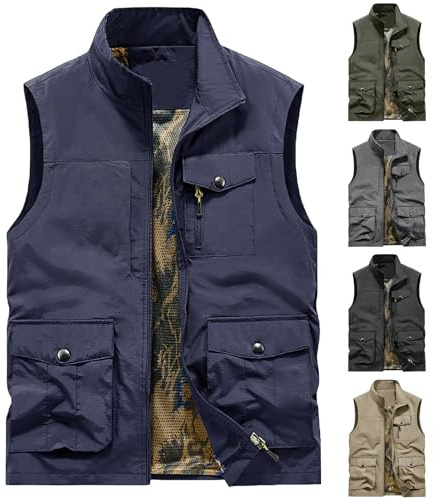 Chaleco de exterior para hombre, chaleco con múltiples bolsillos para hombre, para fotografía, safari, ropa de trabajo, chaqueta sin mangas, ligera, acolchada, chaleco de senderismo, chaleco ligero de