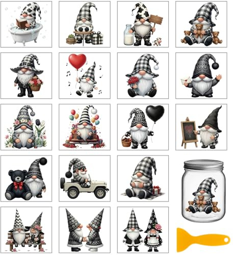 GLOBLELAND 18 Sheets Black White Plaid Gnome Transfer Sticker for Cups 3.9x3.6 inch Heart Balloon Dwarf Decal Stickers Rose Rub on Transfer for Bottle Vase Glass Furniture Decor