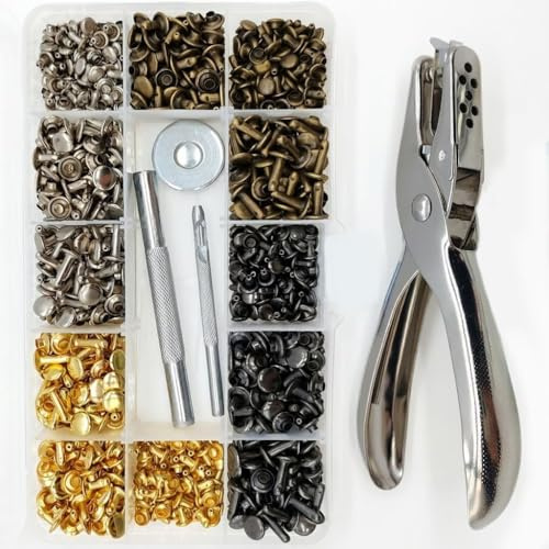 180 set lädernitar ihåliga nitar dubbelhätta med nittång håltång, metallnitar för läder, kläder, bälte, gör-det-själv hantverk reparation, nittängset kläder, läderverktyg
