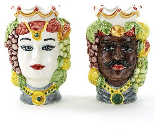 CEAR ceramiche - Coppia di Teste di Moro, Ceramica Siciliana di Caltagirone Fatta a Mano, Altezza 14cm, Ceramiche Siciliane Tradizionali