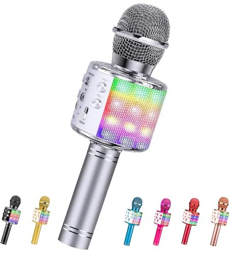 ShinePick Mikrofon Kinder Bluetooth, 4-in-1 Drahtloses Karaoke Mikrofon, Tragbare LED Microphone Spielzeug ab 4-12 Jahre, Heim KTV Karaoke Gerät kompatibel mit iOS Android PC(Silberfarben)