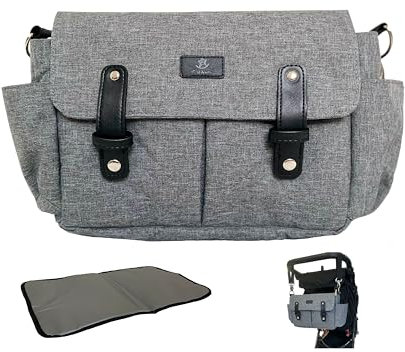 Calikids Sac organisateur poussette gris | tapis à langer offert | chic et pratique | nombreuses poches de rangement | pochettes biberon isothermes | sangle bandoulière | sortie bébé