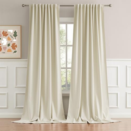 DUALIFE 120 Inch Long Back Tab Beige Long Curtains - Rod Pocket Blackout Tall Window Drapes for Bedroom Thermal Insulated Room Darkening Curtains for Living Room (W52 x L120 Inch, 2 Panels)