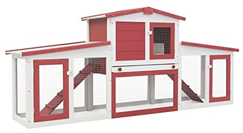 PRISSENT Großer Kaninchenstall Rot und Weiß 204x45x85 cm Aus Holz - Haustierstall Für Kaninchen Draußen - Häuschen Mit Zwei Ebenen