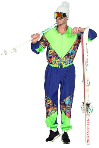 WILBERS & WILBERS 5495 - Traje de esquí retro con estampado de los años 80 para hombre, mono de esquí, traje de nieve, para Aprés Esquí y Carnaval, color azul y verde