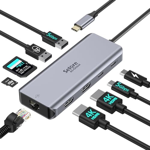 Docking Station d'accueil USB C Dual HDMI, Adaptateur Hub USB C Multiport 9 en 1 vers 4K HDMI, 5 Gbit/s USB-C/A 3.0, USB 2.0, PD100W, Ethernet RJ45, SD/Micro SD Lecteur de Cartes pour Dell HP