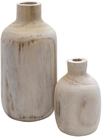 Holz Blumenvase 2er Set mit bauchiger Form - je 1x 18 cm und 28 cm - Flasche Holzvase naturbelassen - Tischdeko Fensterdeko für Kunstpflanzen und Pampasgras