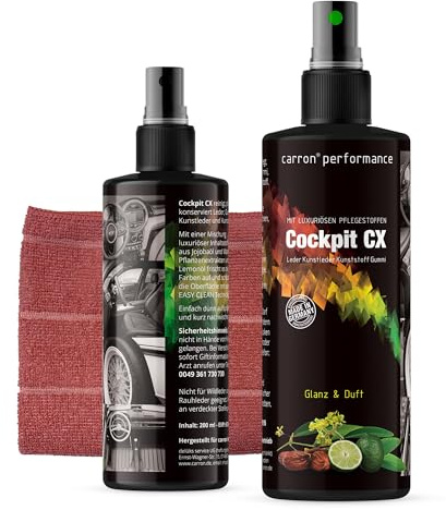 carron Cockpit CX Spray för rengöring och vård av läder, konstläder, plast och gummi med jojobaolja, citronolja och karnaubavax (med tyg)