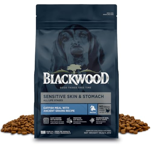 Blackwood Sensitive Skin & Stomach Dry Dog Food, Catfish Meal & Brown Rice with Ancient Grains, 10 Pound Bag with Prebiotics & Probiotics to Promote Gut Health