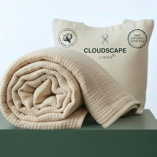 CLOUDSCAPE 100% Cotton Muslin Blanket King Size for Bed - Oversized 4 Layer 108x92 Fits Upto Cal King Bed - Soft Breathable, Gauze, Lightweight, All Season, Summer Layering Blankets for Adults - Fog