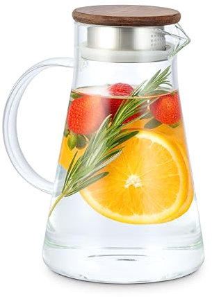 Econovo® Glaskaraffe mit Deckel, Karaffe aus Glas 1,5L, Wasserkaraffe mit Holzdeckel & Sieb, Glas-Krug spülmaschinenfest für kalte & heiße GetränkeWasser Eistee Wein Kaffee Milch und Saft 1500ml