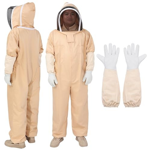 QUARKZMAN 2Sets Bienenanzug für Männer und Frauen l Imkerei Anzüge Outfit mit Handschuh und Schleier Kapuze Bienenanzüge für Männer Beweis Hinterhof Professionelle, Beige