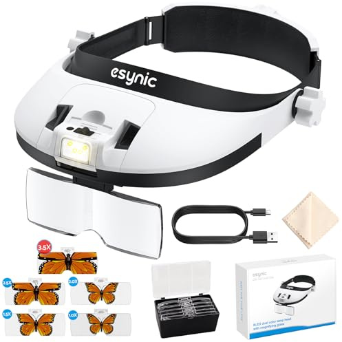 eSynic LED Kopfbandlupe mit 5 Linsen (1X-3.5X), USB Wiederaufladbar, Kalt- und Warmlicht LED mit 2 Helligkeitsstufen, 900mAh Batterie, Einstellbares Kopfband für Schmuckreparatur & Elektronik