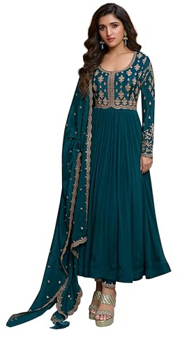 TRENDMALLS Women's Silk Blend Embroidery Anarkali Kurta Pant Set with Dupatta (G334-Morpeach-M)