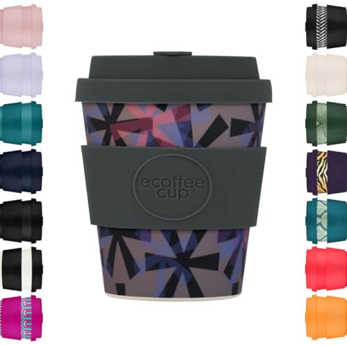 Ecoffee Cup 100% umweltfreundliche, wiederverwendbare Kaffeetasse auf pflanzlicher Basis, mit Deckel und Silikonhülse, melaminfrei und biologisch abbaubar, spülmaschinen- und mikrowellengeeignet
