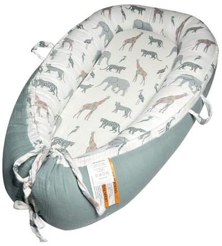 Little Grape Land Babynest XXL 90x65 cm aus Musselin – tragbarer Babykokon/Bettverkleinerer mit Tragegriffen, verstellbar per Kordelzug, für Neugeborene 0–24 Monate, Safari