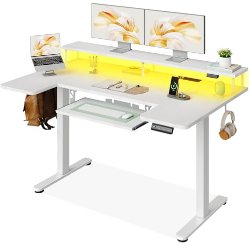 OffiGo Standing Desk, 140cm U Shaped Height Adjustable Desk with Monitor Stand, Electric Sit Stand Rising Table with Sockets, Gaming Computer Table with LED Light for Home Office Workstation, White
