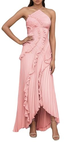 Generisch Vestido sin mangas para mujer con banda en el cuello, monocolor, vestido de gasa, elegante vestido largo con ribete de volantes, diseño envolvente, abertura lateral, moderno, vestido de