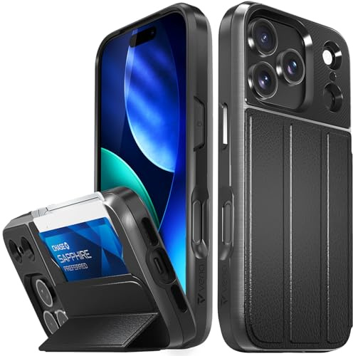VENA vCommute for iPhone 17 Pro Wallet Case, [Military Grade Drop Protection] Flip Leather Cover Slot Card Holder with Kickstand - Black