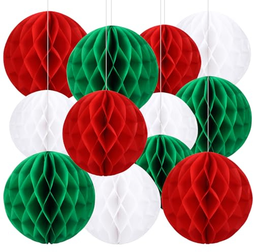 BestoFun 12er Set Papier Wabenbälle Rot Grün Weiß Weihnachtsdeko Innen Pompons Deko Seidenpapier Pompom Hängende Papier Wabenball Dekoration für Weihnachten Deko Premium Wiederverwendbar