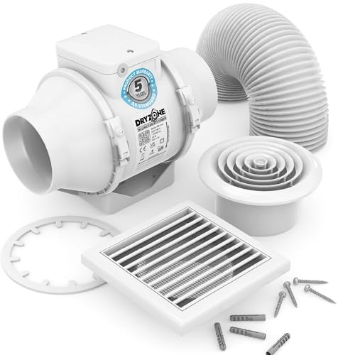 Dryzone In-Line Extractor Fan Kit with Timer (100mm, White) | For Lofts or Ceiling Voids | Includes External & Internal Vents, Flexible Ducting