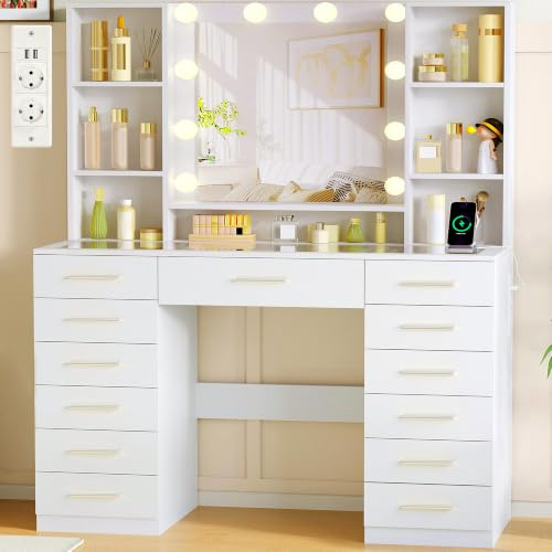 ANWBROAD Grande Coiffeuse avec Miroir LED,Luminosité Réglable,3 Couleurs | Coiffeuse avec Plateau en Verre et Prise,Table de Maquillage avec 13 Tiroirs,7 Étagères Ouvertes,Blanc BDT19X