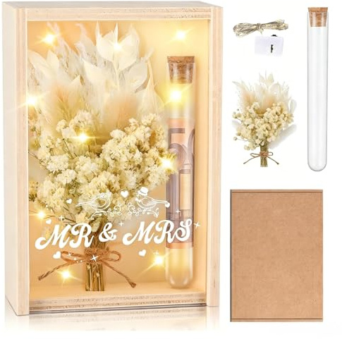 Caja Regalo Boda de Madera, Regalo de Dinero para Bodas, Regalo Creativo para Novios, Caja de Madera, Flores secas, Tubo de Ensayo,Señor y señora, para Compromiso o Aniversario.