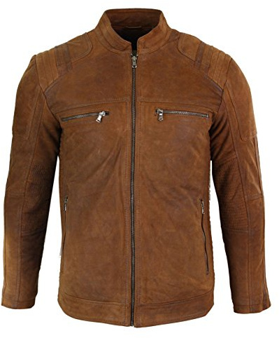 Veste en Daim véritable pour Homme Style rétro Vintage Biker col Indien et Zip - Marron M
